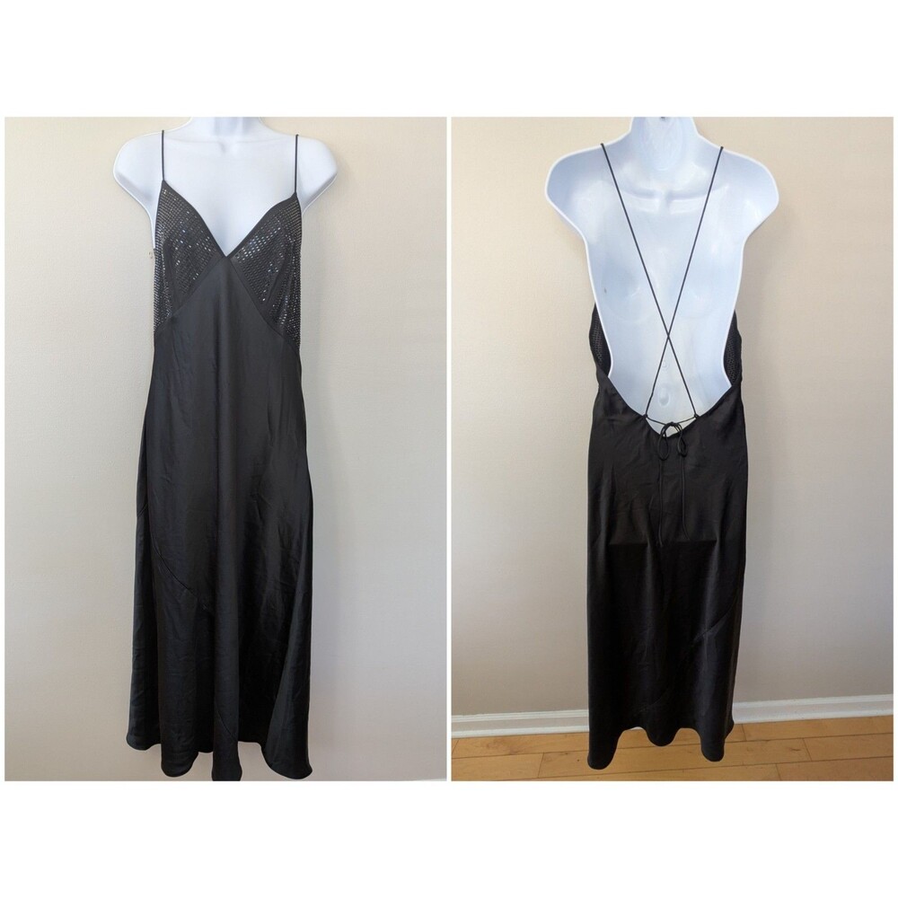 Victorias Secret Black Midi Slip Dress L Whimsigoth Rhinestone Satin Lingerie